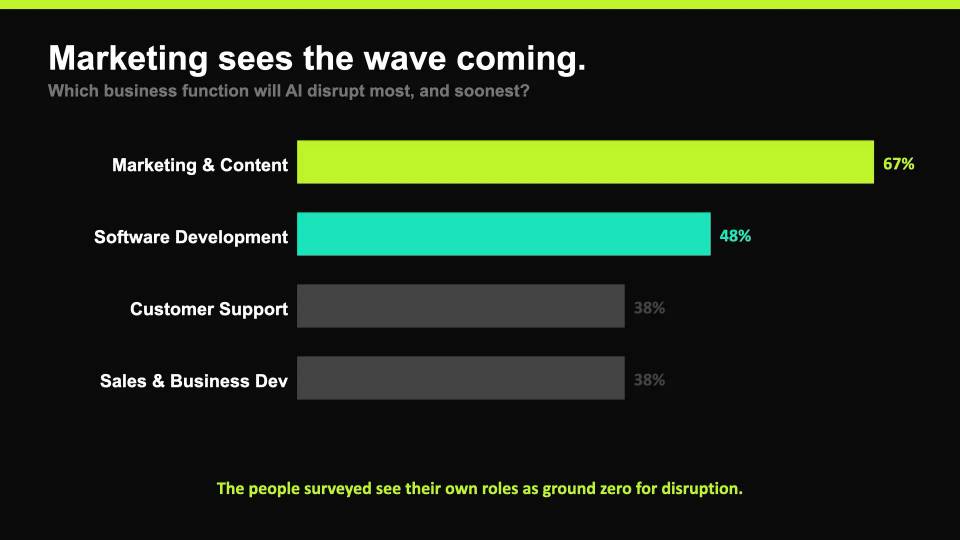 Horizontal bar chart showing marketing and content as the business function expected to be most disrupted by AI.