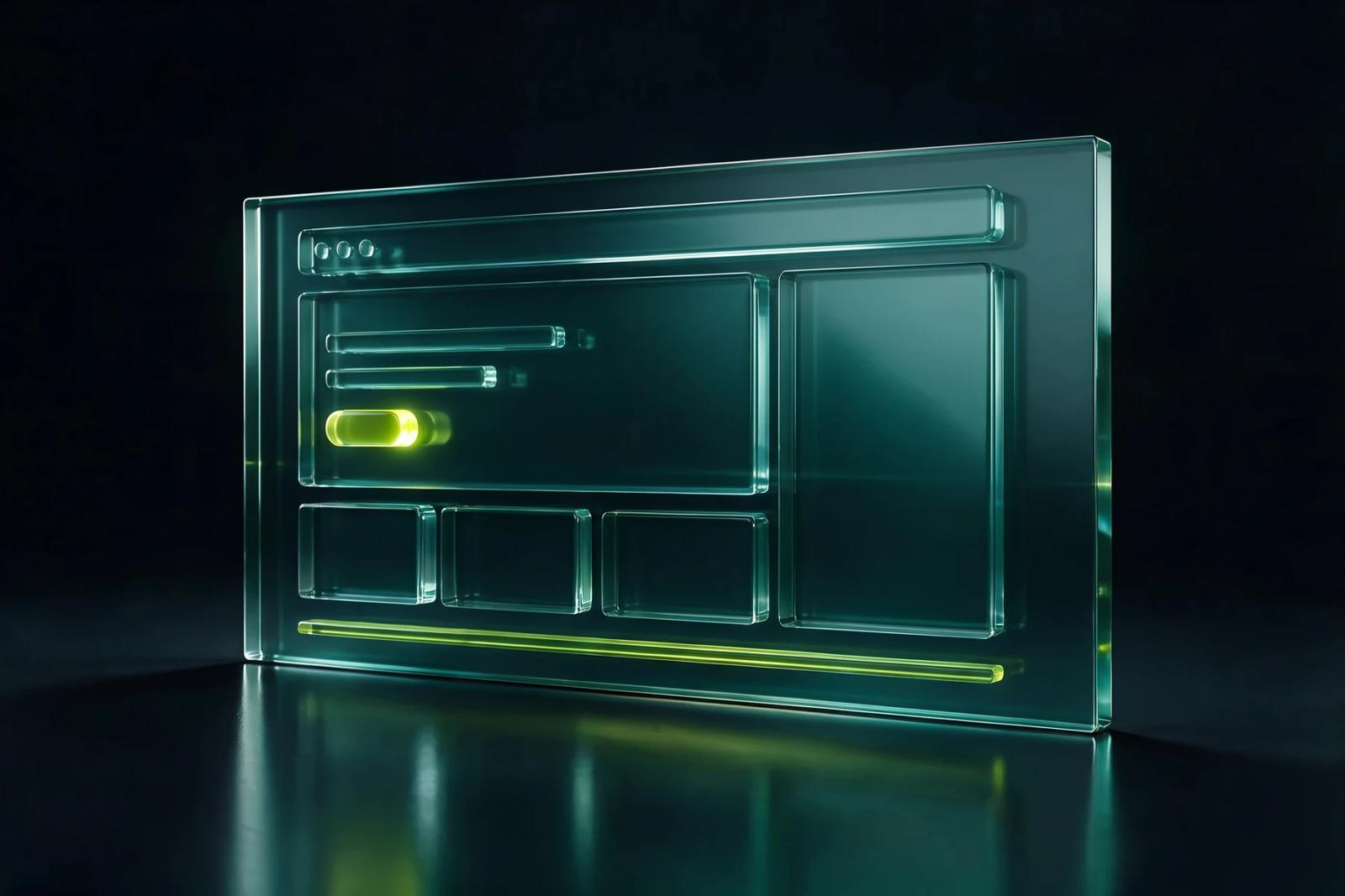 Glass slab holding a website page layout with a header, hero area, image panel, three cards and a Scaler lime button