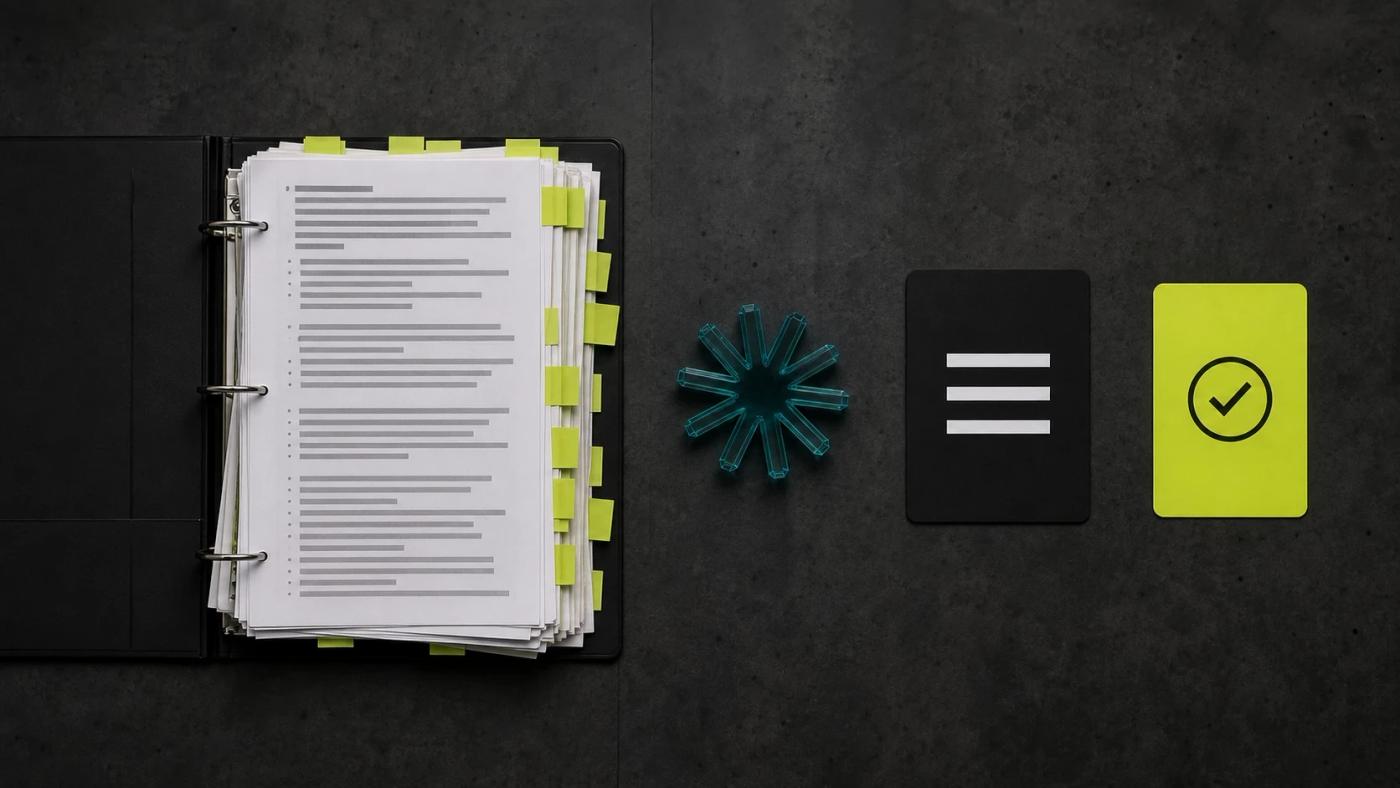 A practical comparison between an overfilled binder of legacy instructions and a single clear task paired with a verification check.