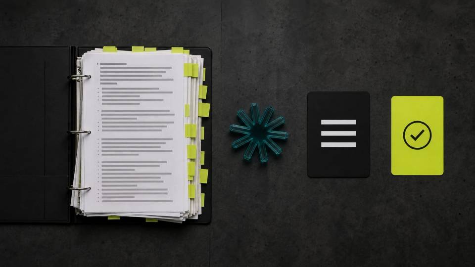 A practical comparison between an overfilled binder of legacy instructions and a single clear task paired with a verification check.