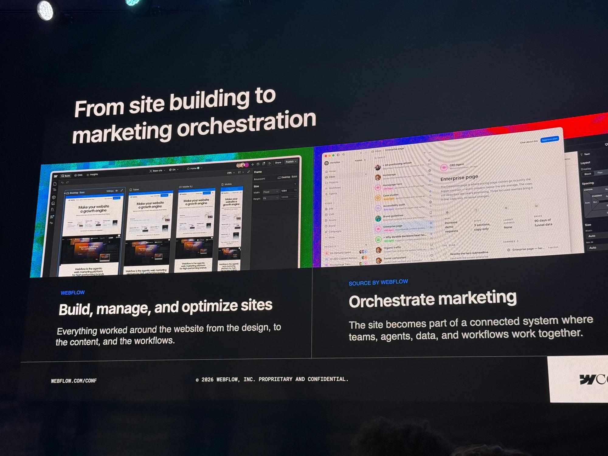 Webflow Conf 2026 slide comparing traditional site building in Webflow with Source by Webflow’s broader marketing orchestration model connecting teams, agents, data, and workflows.