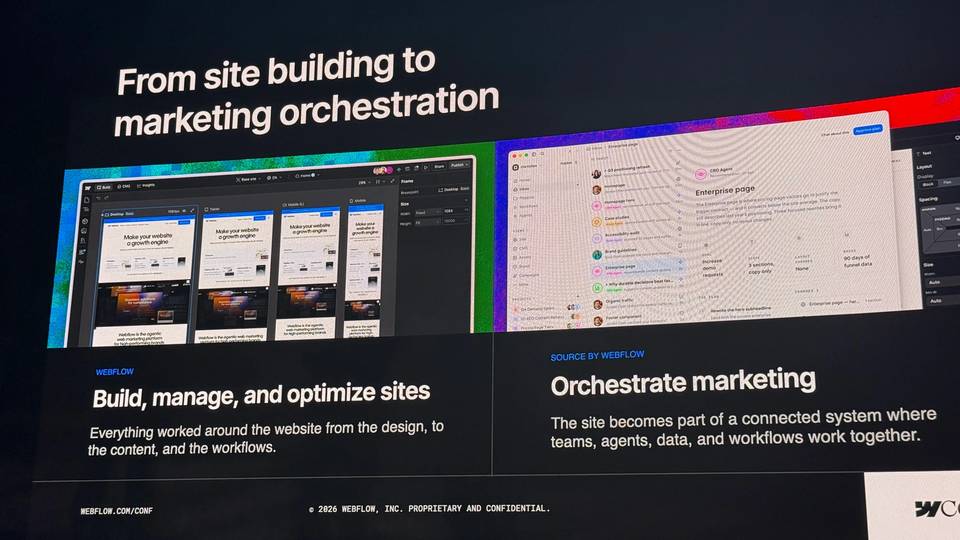 Webflow Conf 2026 slide comparing traditional site building in Webflow with Source by Webflow’s broader marketing orchestration model connecting teams, agents, data, and workflows.