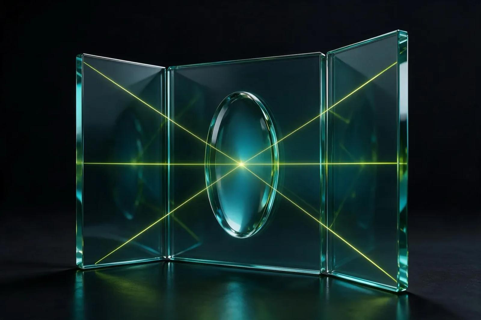 Three teal glass creative direction panels focusing intersecting Scaler lime guide lines through a central lens