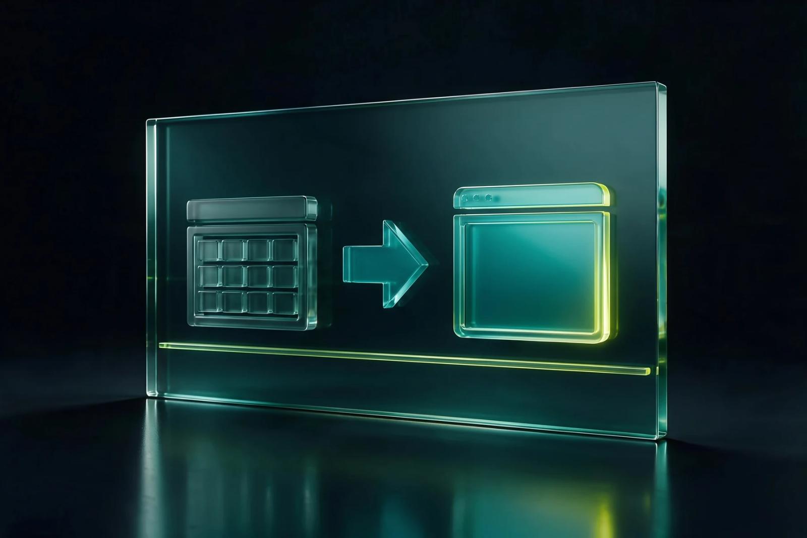 Glass slab showing an old boxy website window, an arrow, and a clean modern browser window edged in Scaler lime