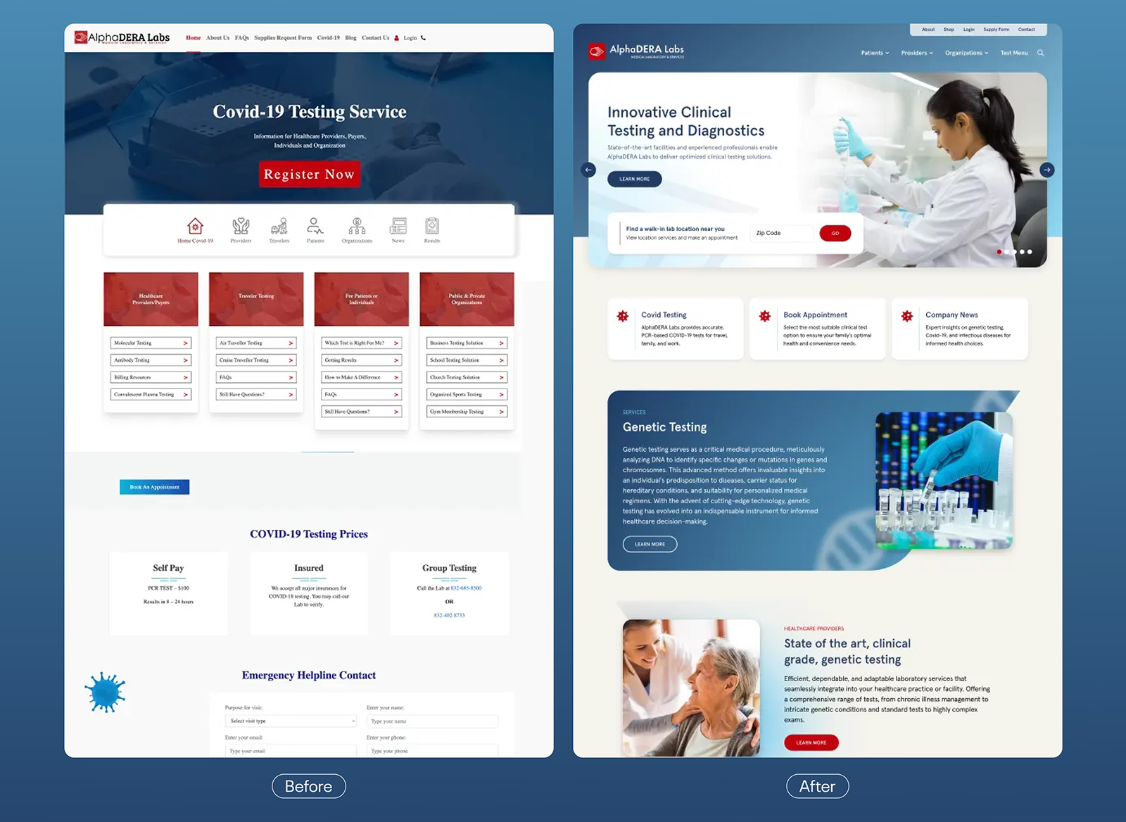 Alphadera Labs website before and after