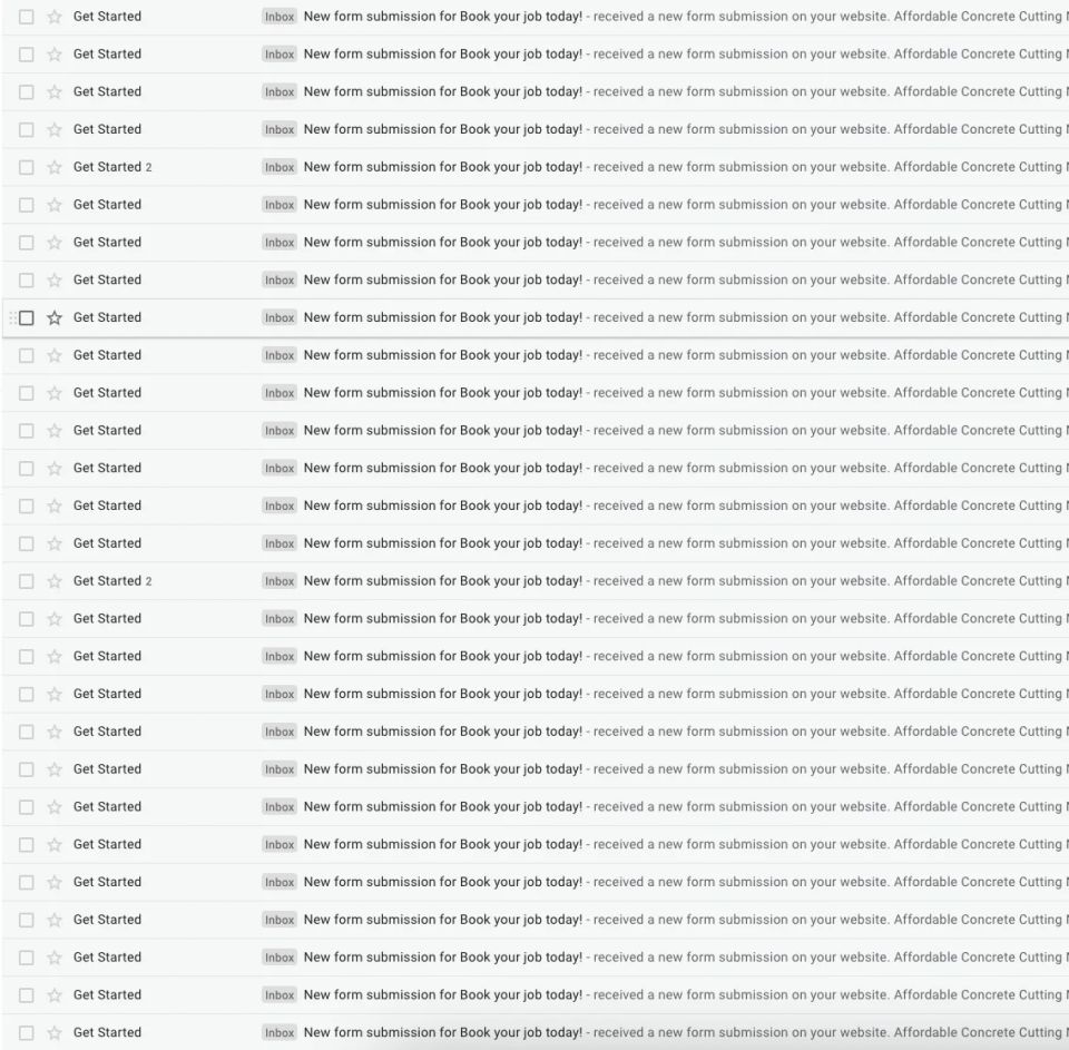 Affordable Concrete Cutting inbox filled with new “Book your job today” form submissions from SEO-driven website traffic.