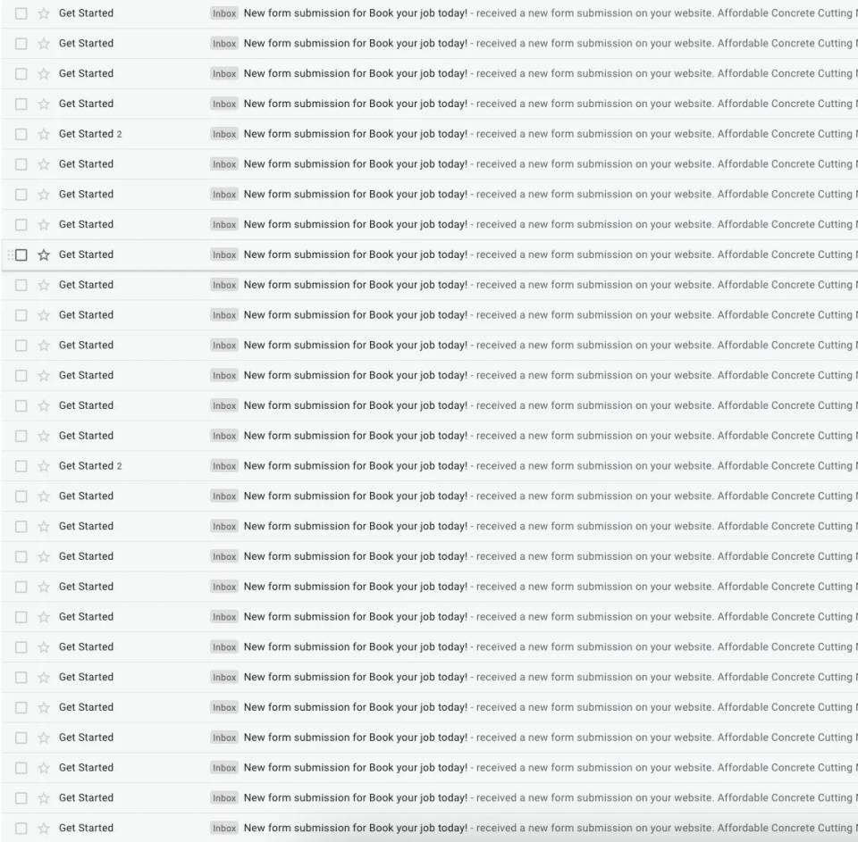 Affordable Concrete Cutting inbox filled with new “Book your job today” form submissions from SEO-driven website traffic.