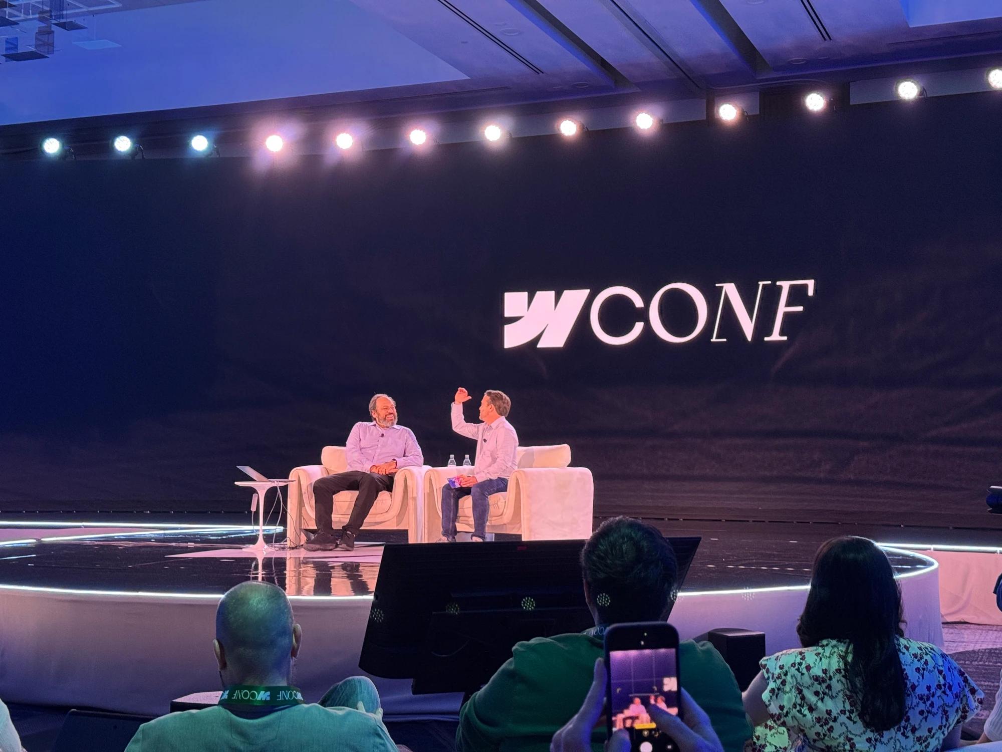 Ethan Mollick speaking with Dave Steer during a fireside chat at Webflow Conf 2026 about how AI agents are changing the way teams work.