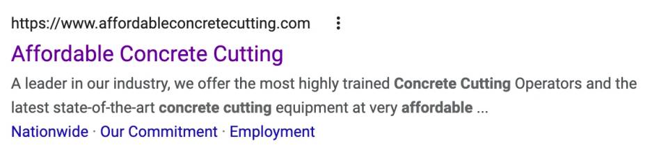 Affordable Concrete Cutting Google search result showing a meta description used to explain the page content to search engines.
