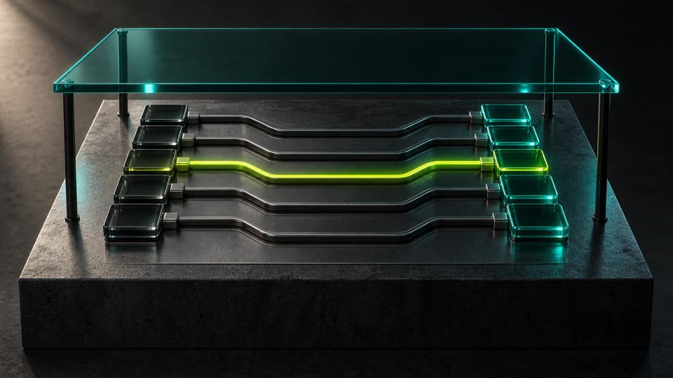 Individual routing channels connect old content tiles to new teal glass tiles beneath a protective canopy.