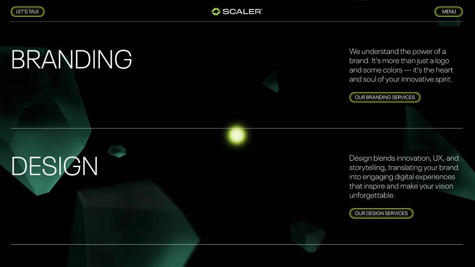 Scaler website section promoting branding and design services on a dark abstract background.