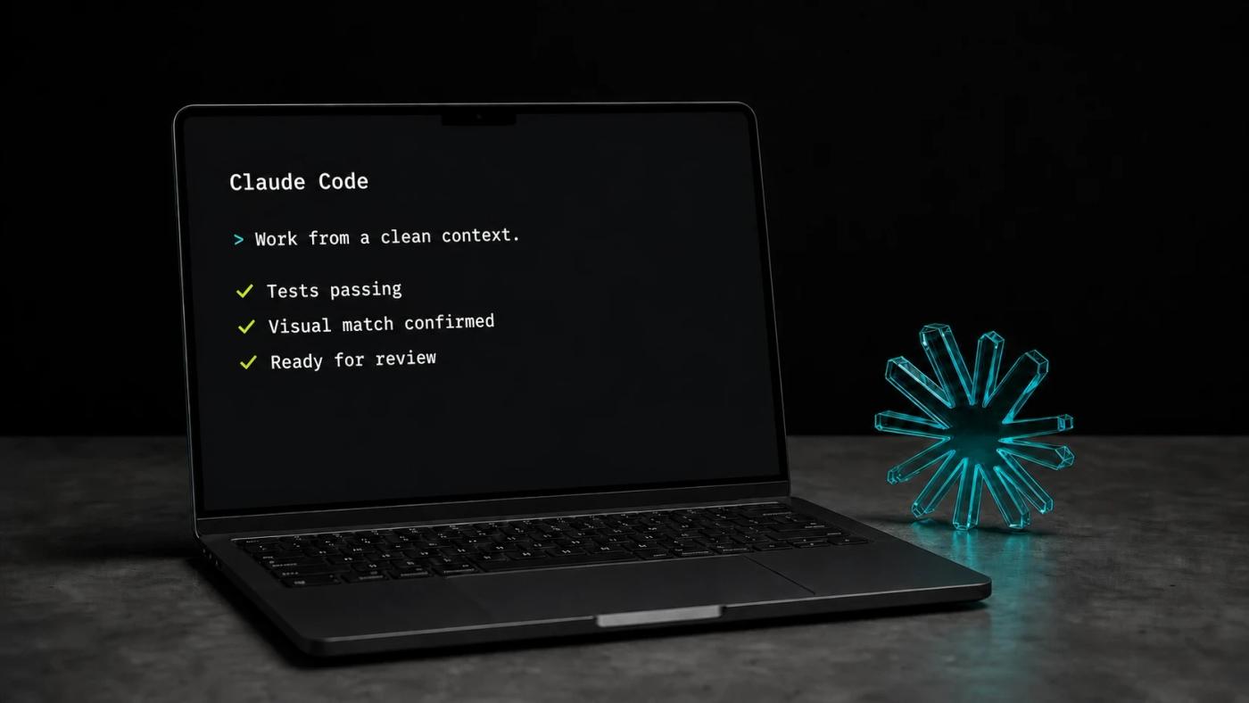 A practical Claude Code workstation showing a clean-context task and verified results beside a teal glass Claude mark.