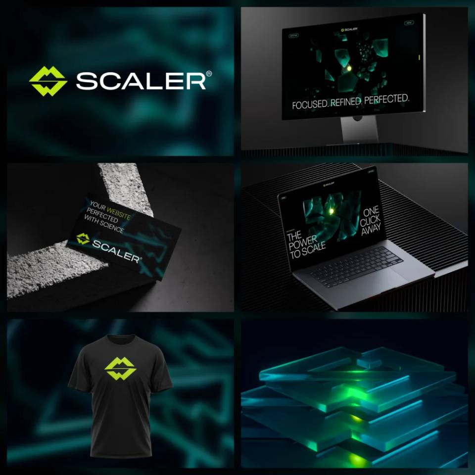 Scaler brand identity system showing consistent logo, website, print, apparel, and visual design touchpoints