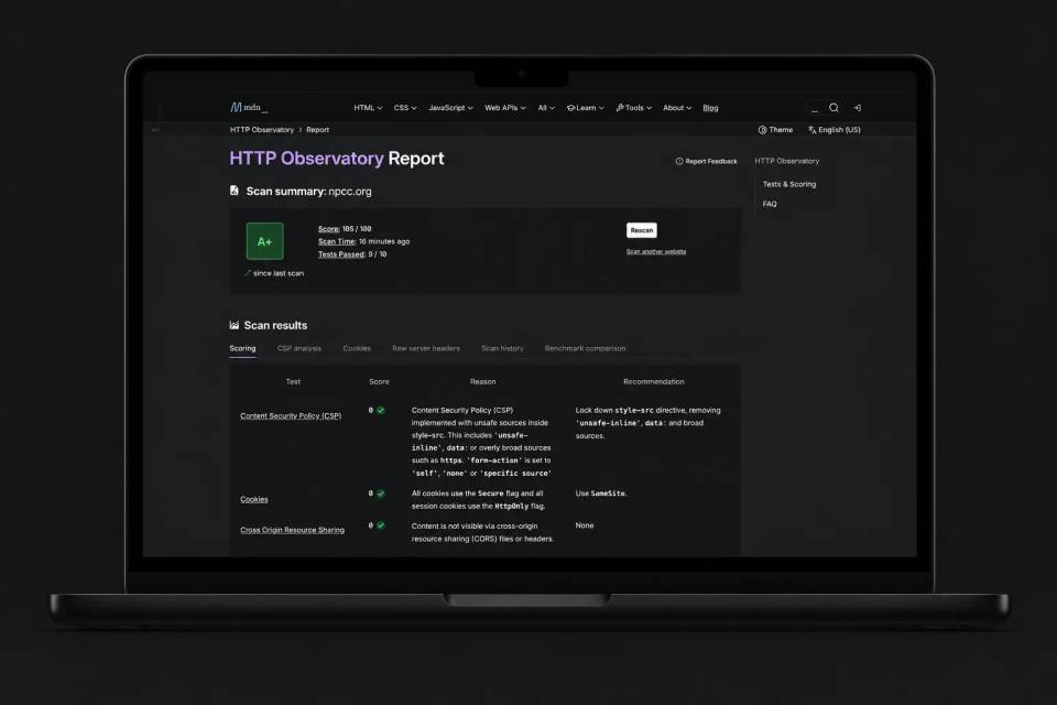 Laptop mockup showing an HTTP Observatory security scan report with an A+ score.