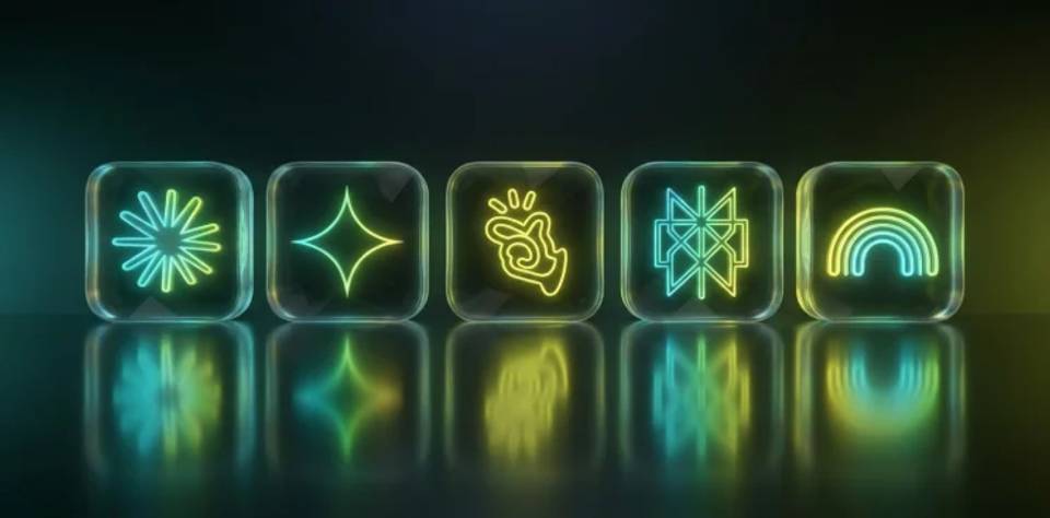 Neon icons representing AI tools