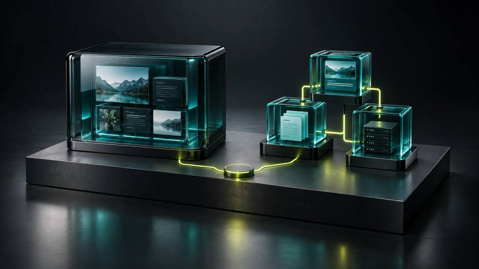 An integrated teal glass publishing system beside a modular website architecture, connected by a yellow decision path.