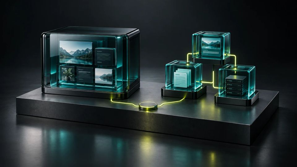 An integrated teal glass publishing system beside a modular website architecture, connected by a yellow decision path.