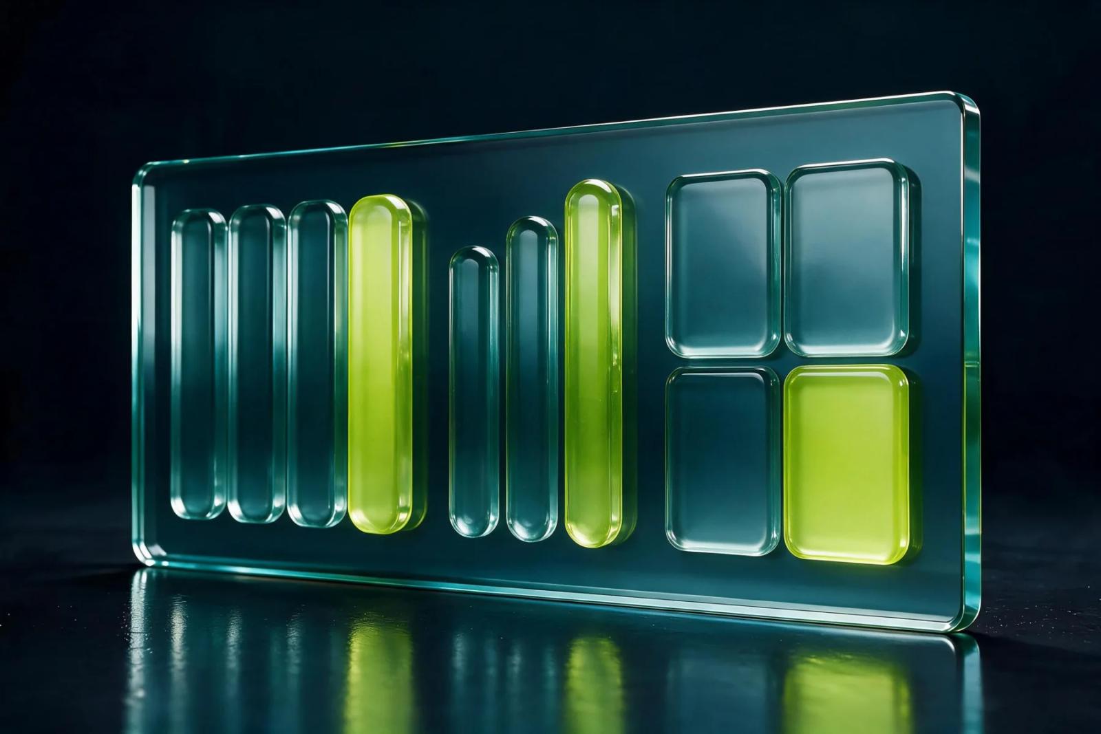 Teal glass competitive benchmarks and opportunity blocks highlighted in Scaler lime
