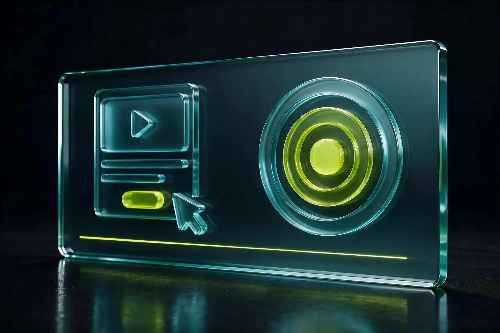Glass slab showing an ad card with a cursor on its Scaler lime button, beside a target with a lime centre