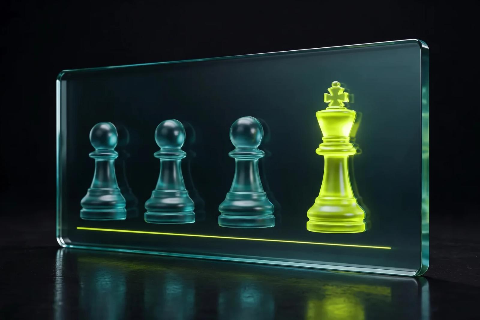 Glass slab showing three glass chess pawns and one taller Scaler lime king