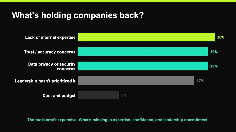 Horizontal bar chart showing lack of internal expertise as the top barrier holding companies back.