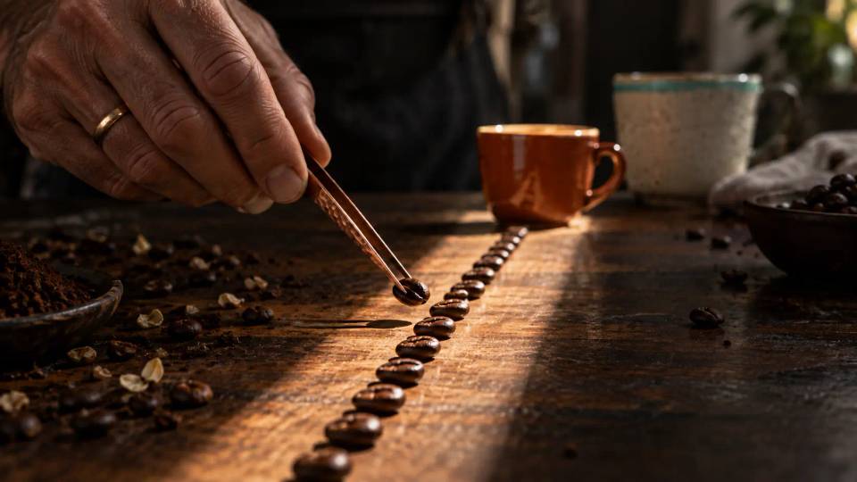 Barista uses copper tweezers to place a coffee bean into a precise line illuminated by a narrow shaft of warm window light.
