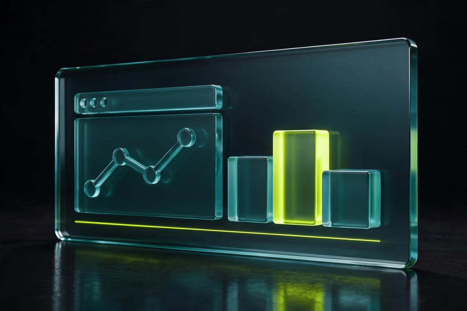 Glass slab showing a dashboard with a rising line chart beside a podium with first place in Scaler lime