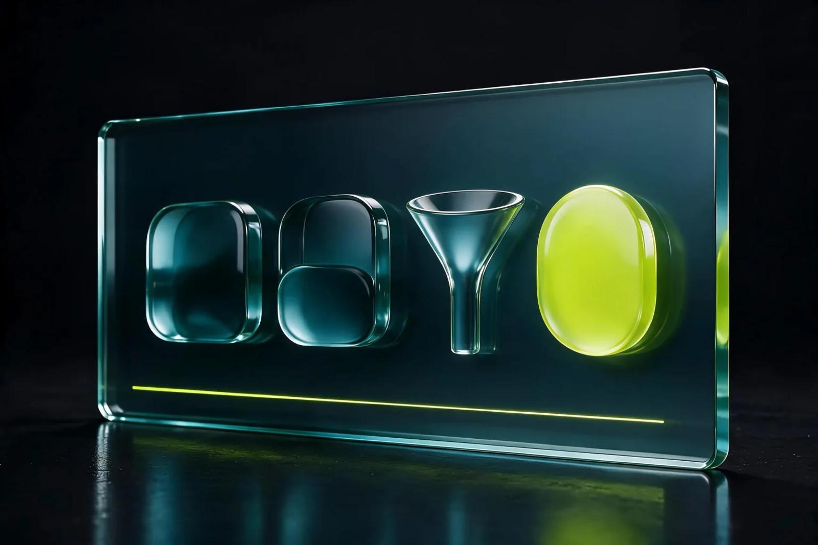 Conversion optimization system with rounded glass inputs, a translucent funnel, and a Scaler lime outcome sphere