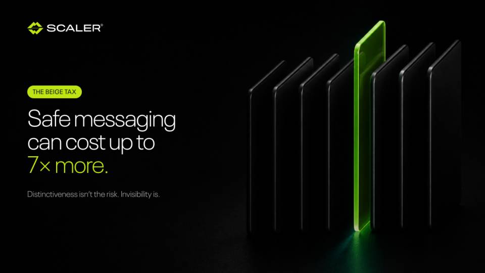 “The Beige Tax”: Safe messaging can cost up to seven times more. Distinctiveness isn’t the risk. Invisibility is. One green panel stands out among black panels.