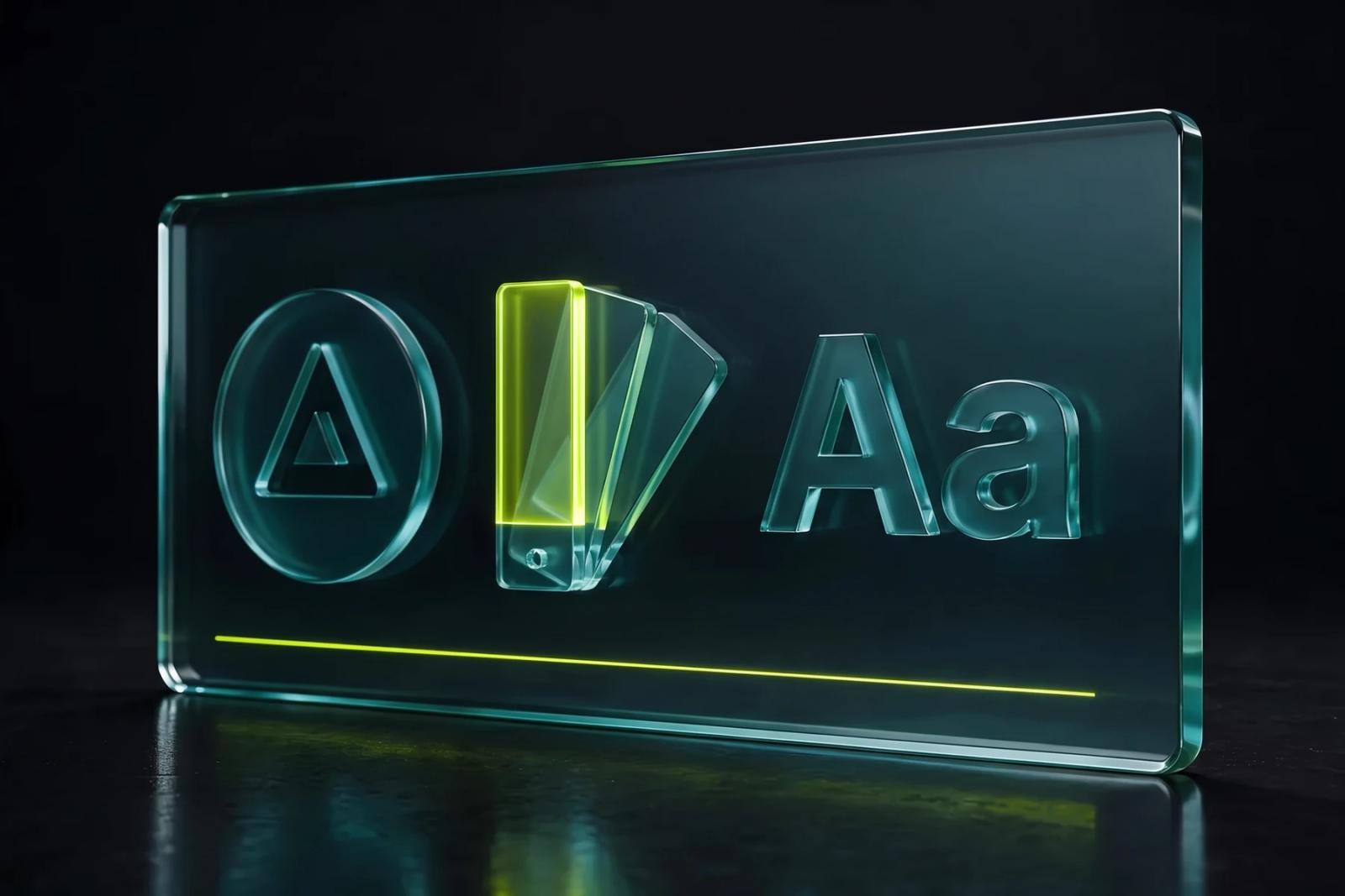 Glass slab showing a logo mark, a fan of colour swatches with one in Scaler lime, and the letters Aa as a type specimen