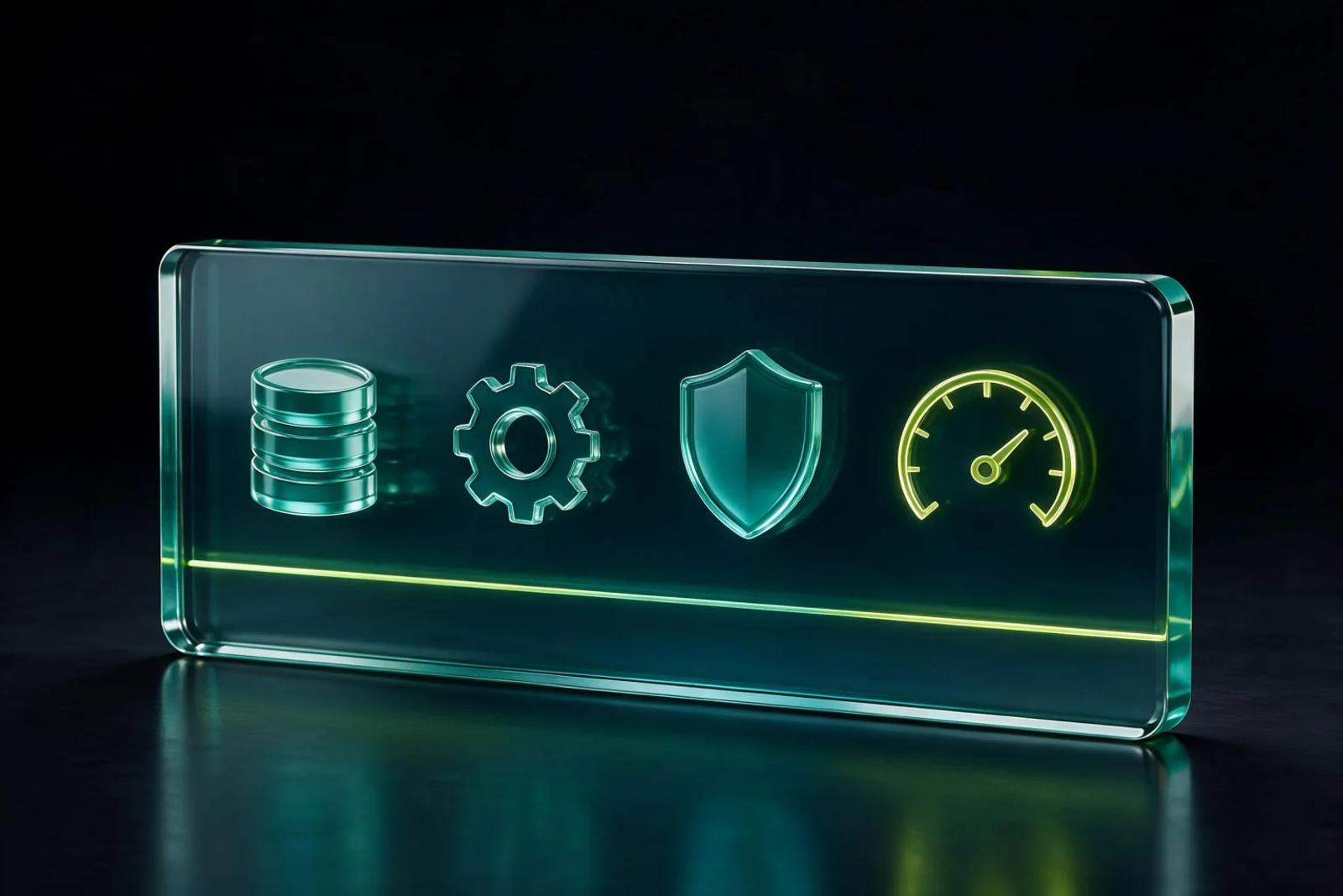 Glass website maintenance board with database, settings, security, and performance symbols