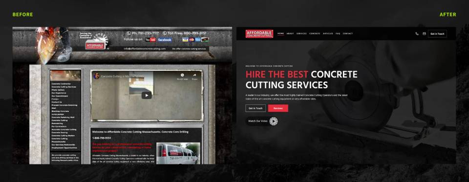 Affordable Concrete Cutting website before-and-after redesign showing a cleaner, more modern layout for better user experience and SEO.