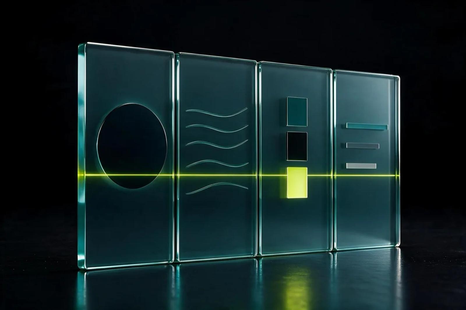 Four teal glass brand identity panels with abstract typography controls and a continuous Scaler lime guide line
