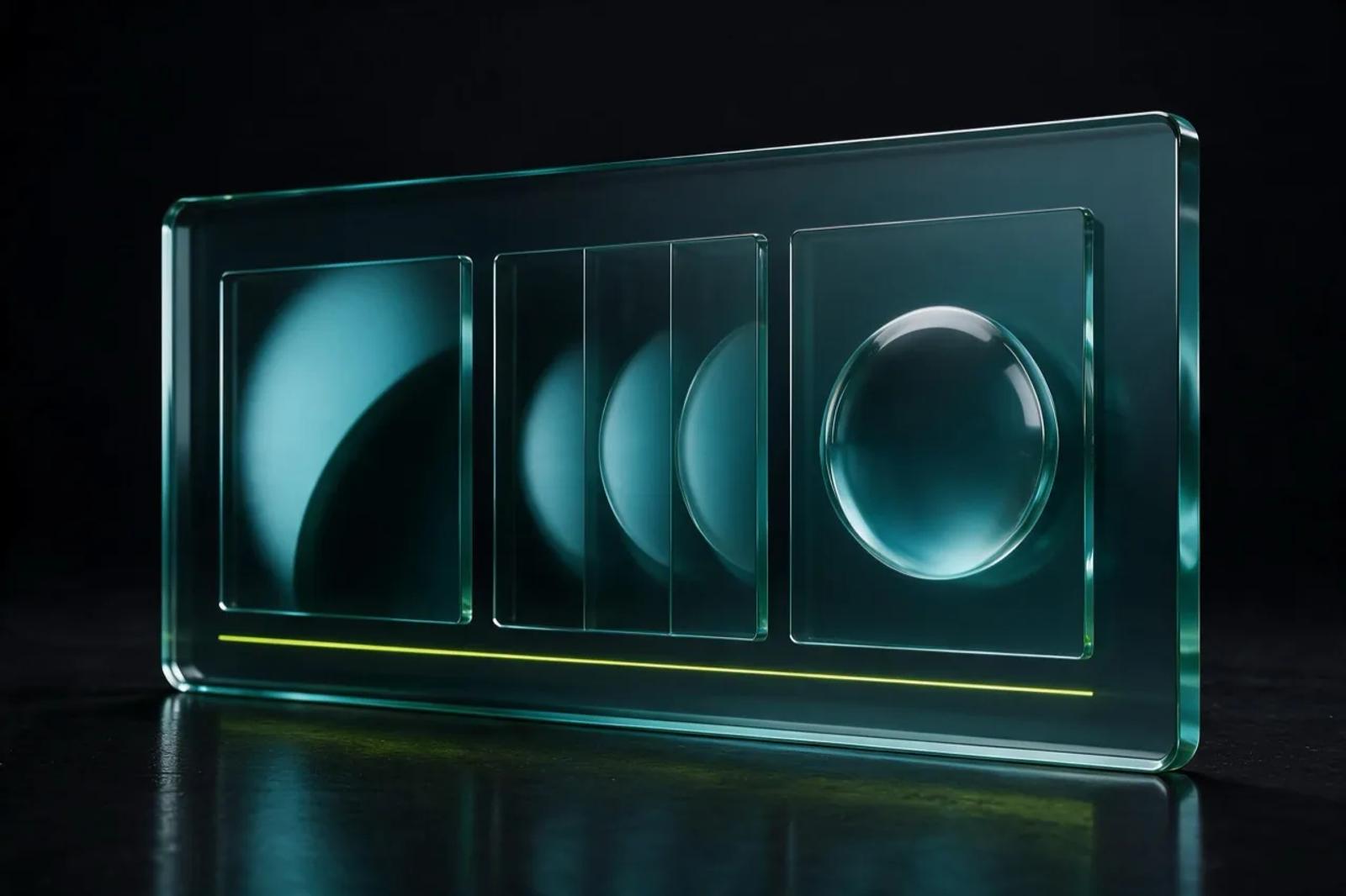 A teal glass content system showing coordinated abstract shapes and a Scaler lime guide line