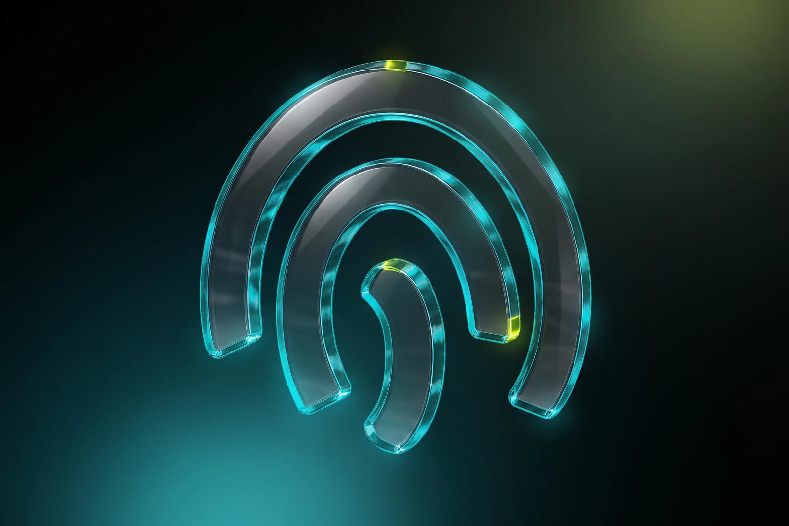 Glass fingerprint mark with teal edge light and lime accents, floating in a dark teal haze
