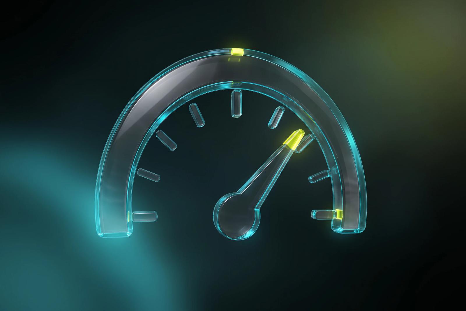 Glass speedometer gauge with a lime needle tip, floating in a dark teal haze