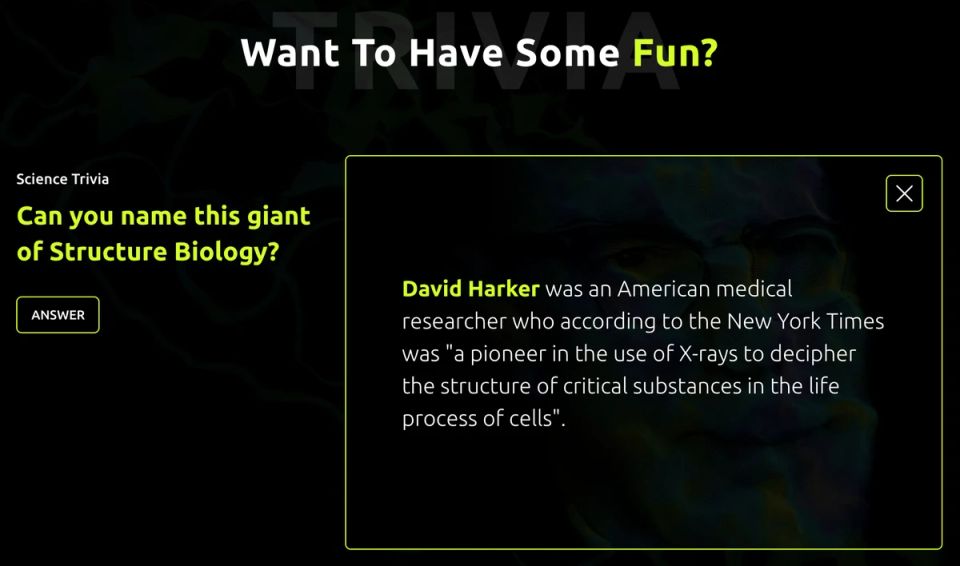A science trivia pop-up on a website asking visitors to name a giant of structural biology.