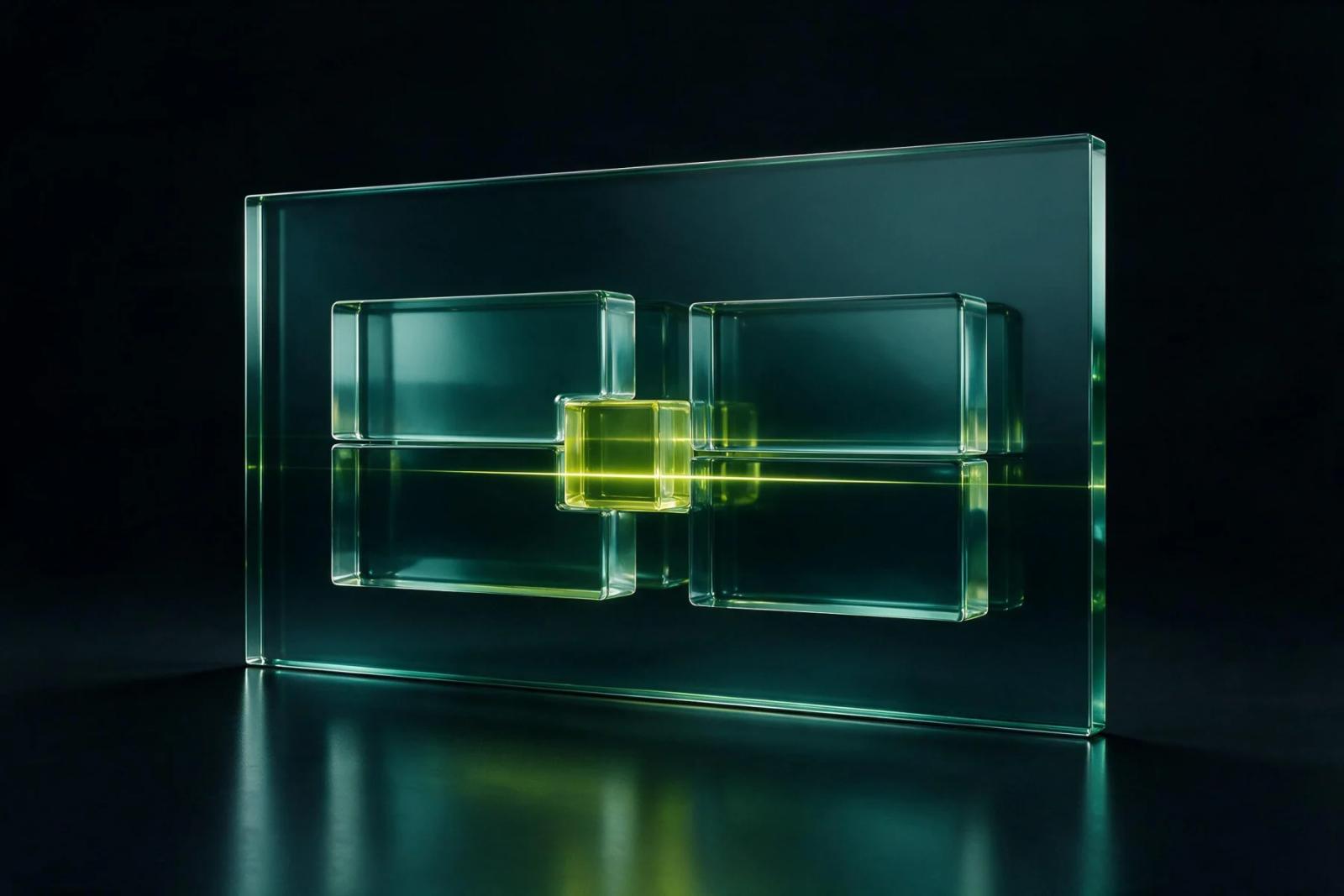 Glass modular system representing custom web development and connected components