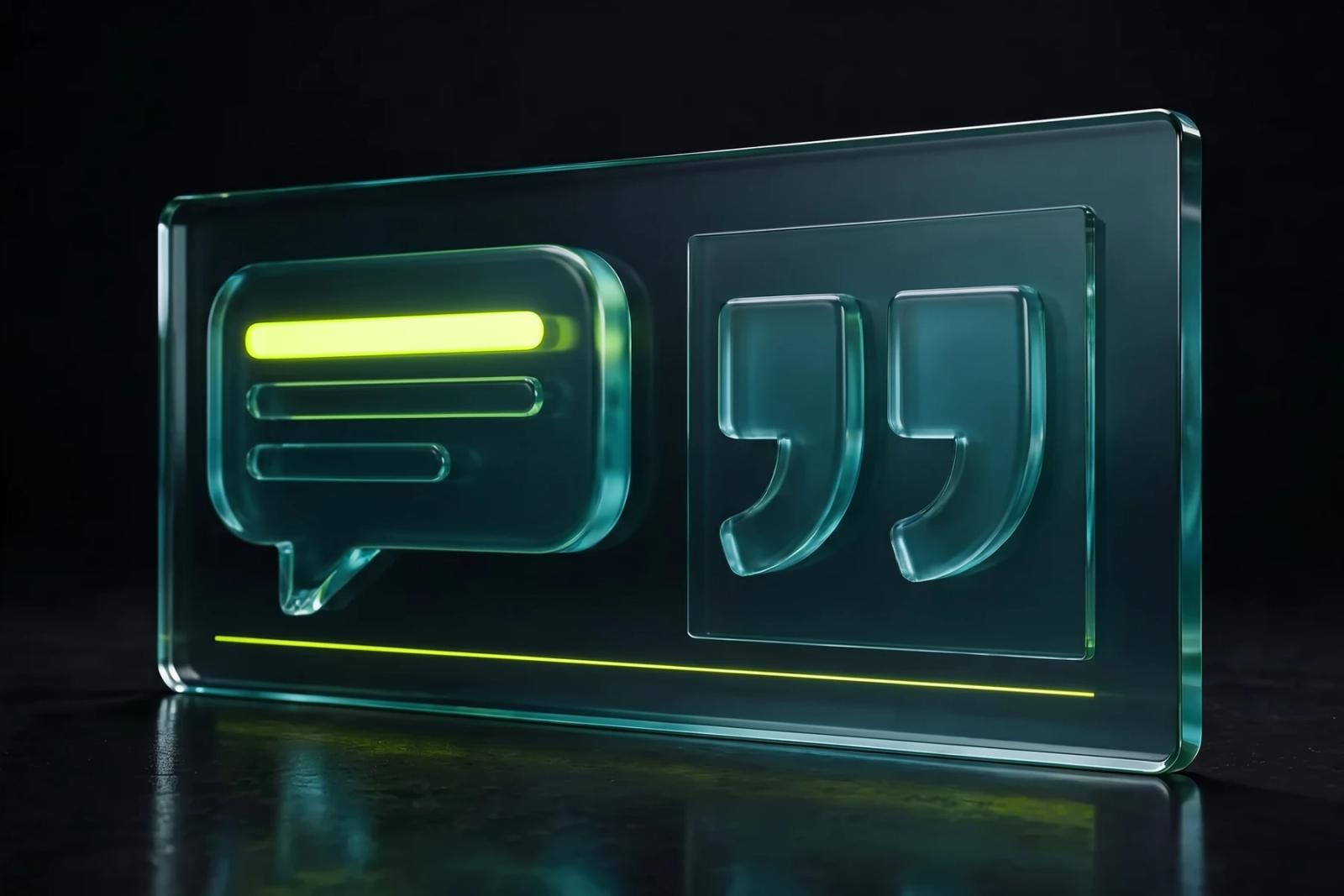 Glass slab showing a speech bubble with a Scaler lime headline line, beside large quotation marks