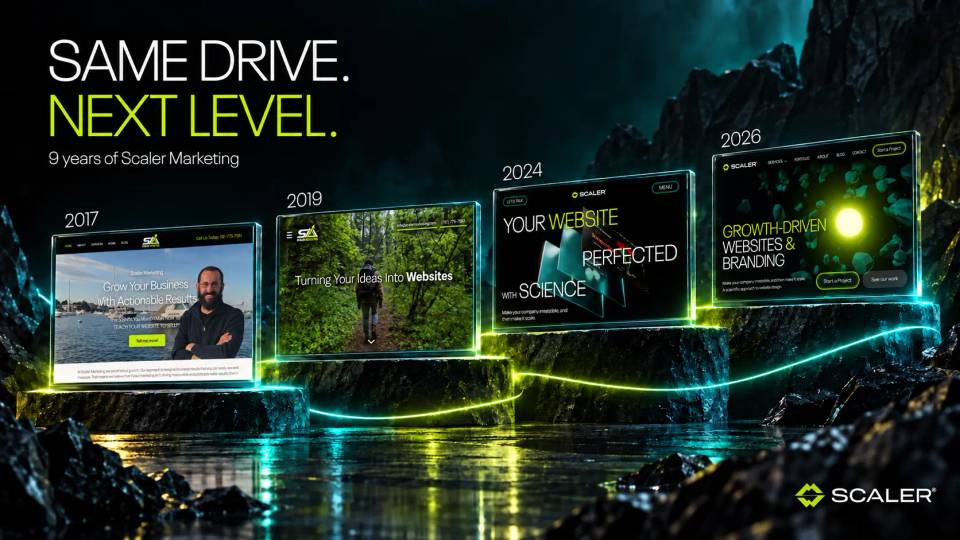 Four versions of the Scaler Marketing website from 2017, 2019, 2024 and 2026 displayed on illuminated platforms, marking nine years of growth under the headline “Same drive. Next level.”