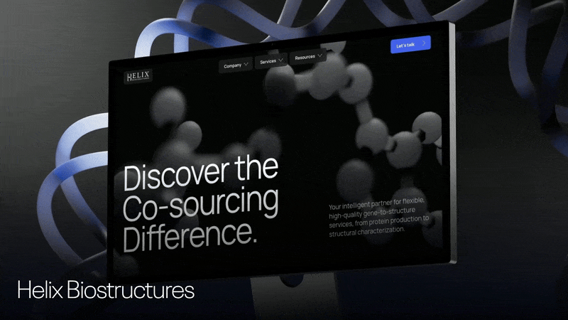Animated showcase of the Helix BioStructures website and its molecular visuals.