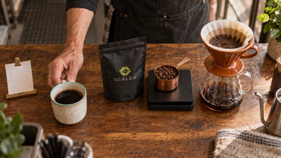 Barista slides a finished coffee across a walnut counter beside a Scaler-branded bag, beans, scales and a terracotta pour-over brewer.