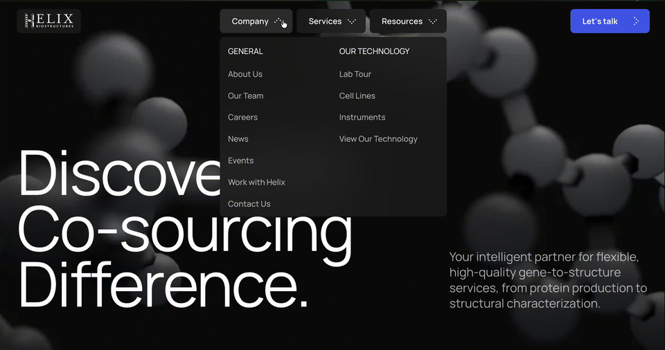 Helix Biostructures website navigation menu showing dropdown links and molecular imagery