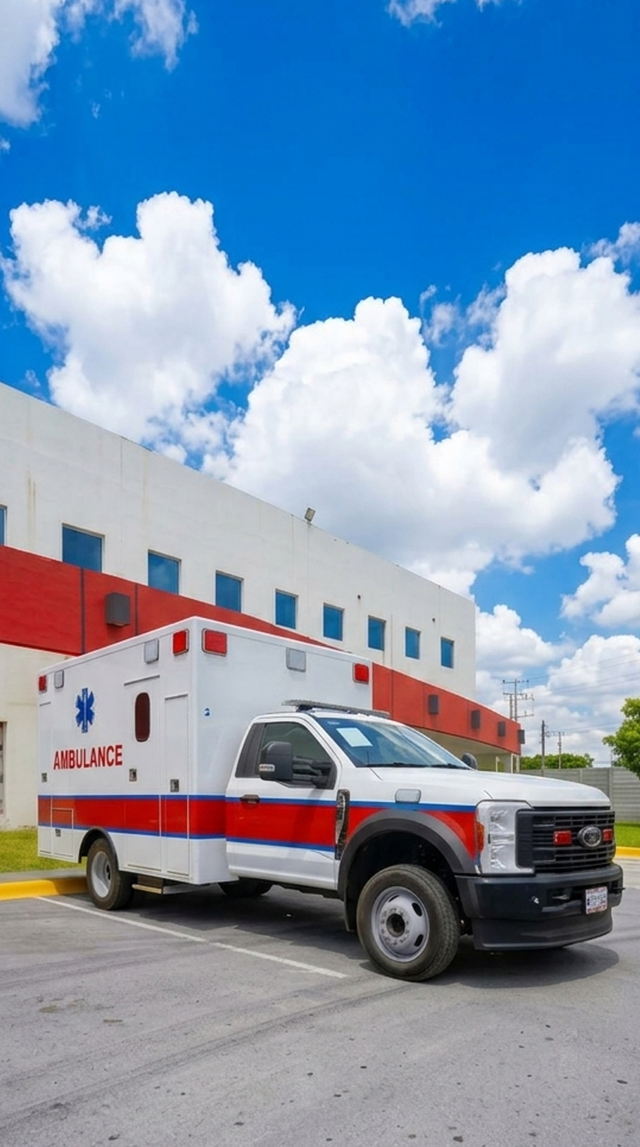 Ambulancia Aquila Tipo I estacionada frente a la planta de Oregon en Apodaca, Nuevo León.
