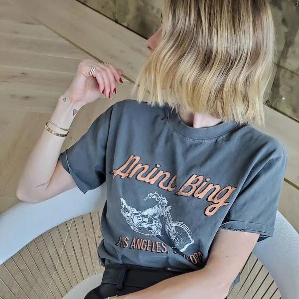 Anine Bing wearing grey motorcycle tee.