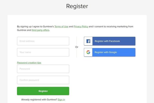 Gumtree register page