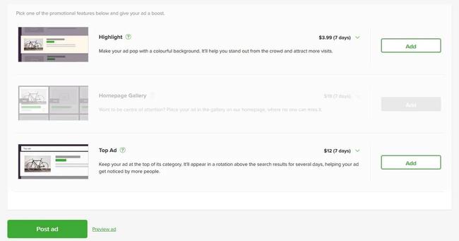 Gumtree Ad packages page