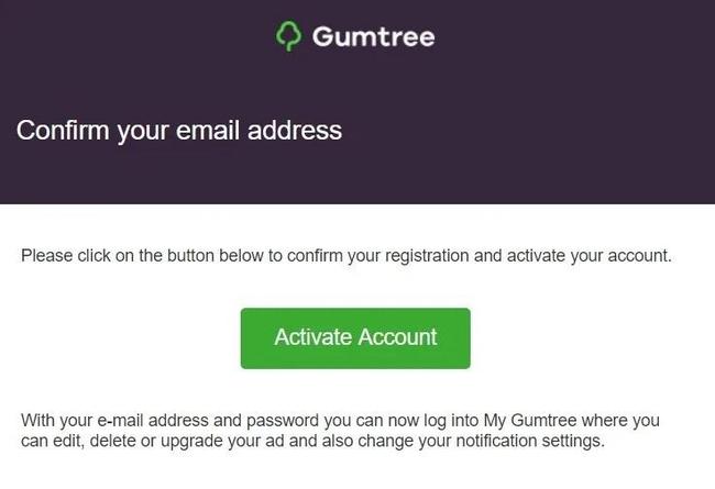 Gumtree confirm email page