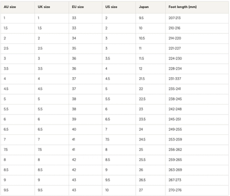 Older kids size guide