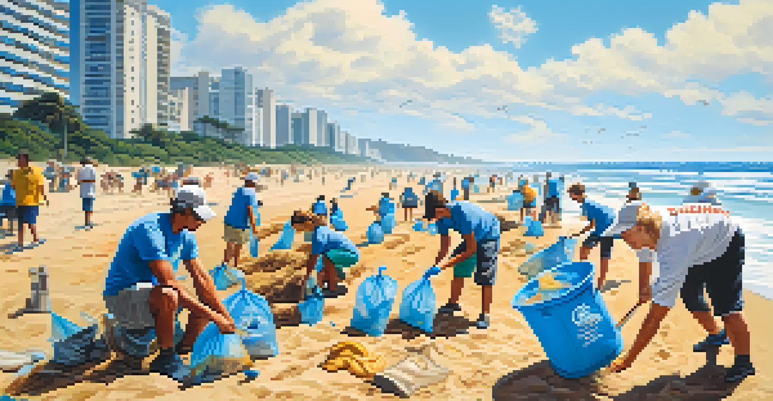 Volunteers cleaning up litter on a beautiful beach in Brazil, with golden sands and clear blue waves.